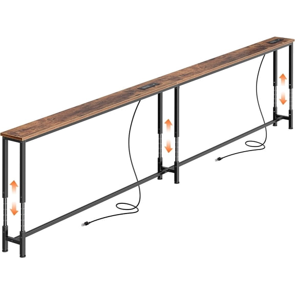 102.4 Inch Sofa Table with Power Outlets, 23.9''-34.4'' Height Adjustable Range, Behind Couch Table with USB-C Ports, Sofa Tables Narrow Long, Skinny Console Table, Small Spaces, Rustic Brown