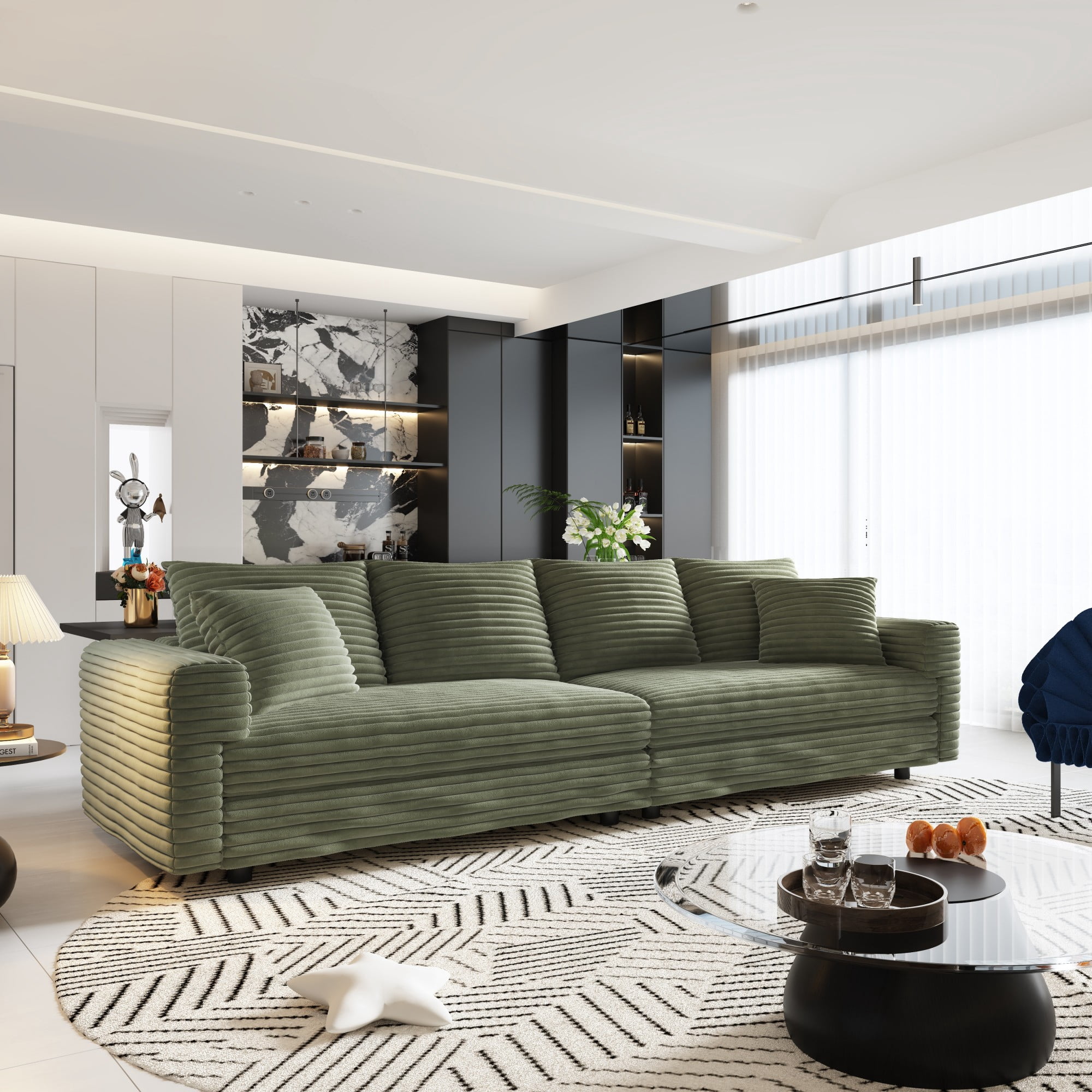 102.4 Modern Sectional Sofa Couch,Convertible Sofa Plush Corduroy 4-Seat Upholstered Sofa with Soft Pillows for Living Room Bedroom,Green, Size: 102.4