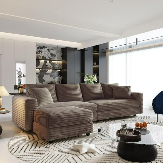102.4'' Oversized Corduroy Couch, Modular Sectional Sofa with Ottoman, Upholstered 4 Deep Seat L Shape Sofa, Convertible Cloud Couches with Chaise Lounge for Living Room, Apartment, Camel