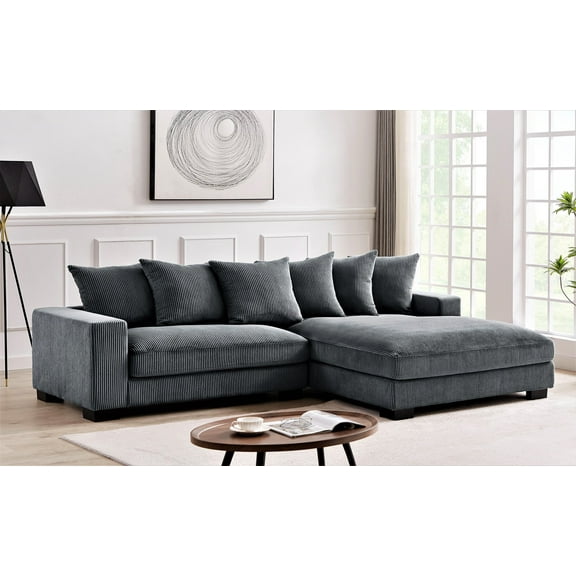 102.4'' Oversized L Shaped Sectional Sofa with Chaise, 4 Seater Luxury Corduroy Fabric Cloud Couch, Soft Furry Deep Seat Sofa with Pillows & Wide Arm, Right Facing, Dark Grey