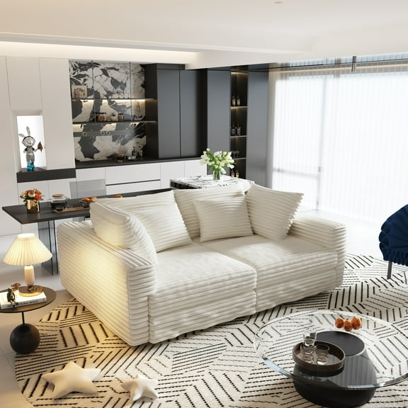 102.4" Plush Corduroy 4-Seat Sofa in Beige: Modern Cloud Couch with Deep Seats & Soft Pillows for Living Room, Bedroom, Apartment, Office