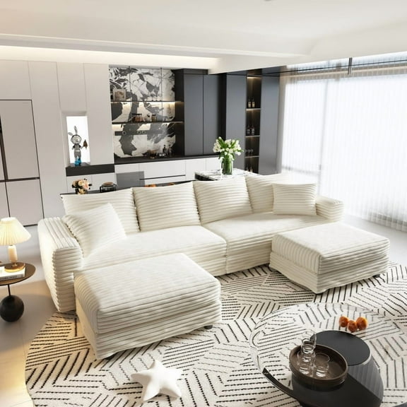 102.4" Plush Corduroy Sectional Sofa – 4-Seat Cloud Couch with 2 Ottomans, Convertible U-Shaped Sofa & Lounge Chair, 1000LB Capacity for Living Room & Apartment