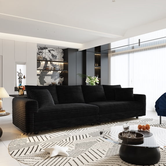 102.4" Sectional Couch Modular Cloud Sofa Plush Corduroy Convertible Lounge Couches Oversized 4 Seat Comfy Sofa Deep Seat with 6 Pillows Solid Wood Frame for Living Room Reception Room Office, Black
