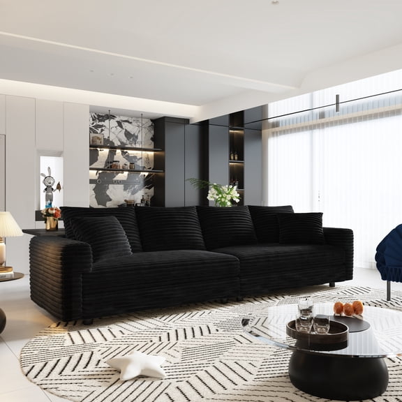 102.4" Sectional Couch Modular Cloud Sofa Plush Corduroy Convertible Lounge Couches Oversized 4 Seat Comfy Sofa Deep Seat with 6 Pillows Solid Wood Frame for Living Room Reception Room Office, Black