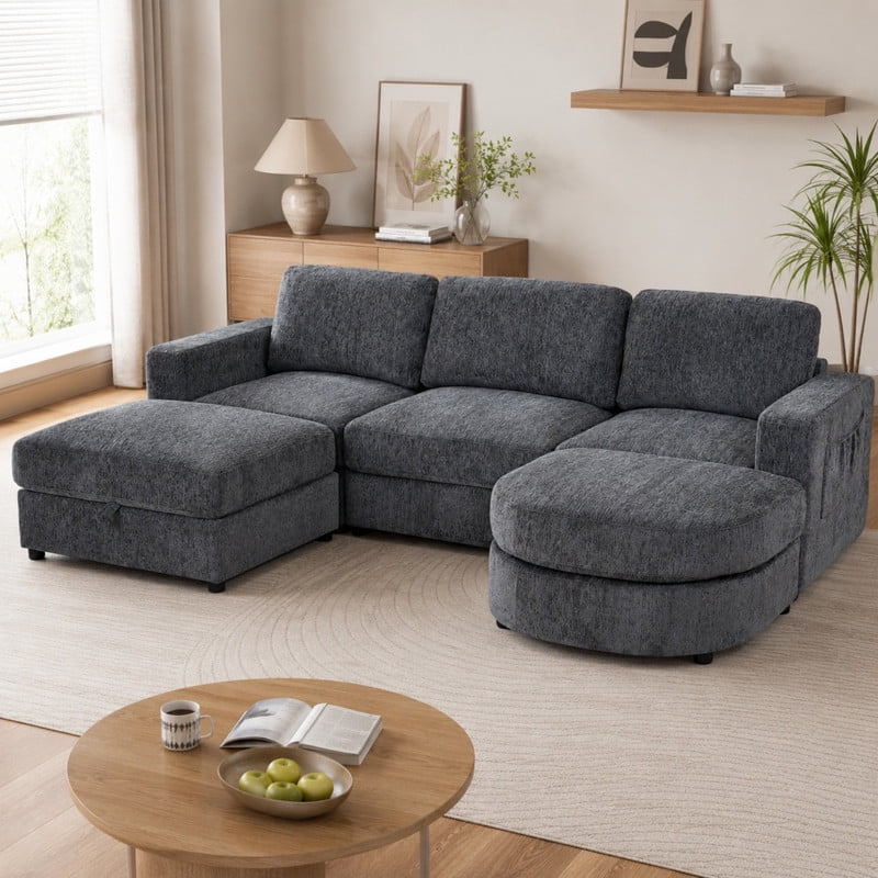 102.4" U-Shaped Modular Sectional Sofa with 2 Movable Ottomans, Chenille Fabric Couch with Storage Ottoman, Drop-Down Console with 2 Cup Holders, Solid Pine Wood Frame for Living Room