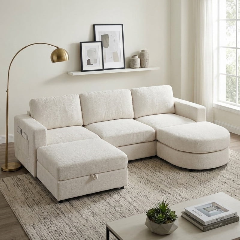 102.4" U-Shaped Modular Sectional Sofa with 2 Movable Ottomans, Chenille Fabric Couch with Storage Ottoman, Drop-Down Console with 2 Cup Holders, Solid Pine Wood Frame for Living Room