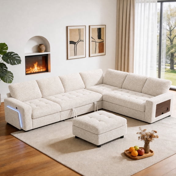 102" 7 Seat L Shaped Modular Sectional Sleeper Sofa Bed with Pull Out Bed/Reclining Backrest/USB Ports/Storage & Tufted Seat, Sectional Sleeper Couch, Tool-Free Assembly,Chenille Fabric White
