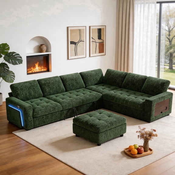 102" 7 Seat L Shaped Modular Sectional Sleeper Sofa Bed with Pull Out Bed/Reclining Backrest/USB Ports/Storage & Tufted Seat, Sectional Sleeper Couch, Tool-Free Assembly,Chenille Fabric Green
