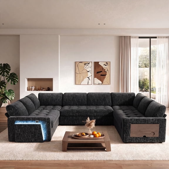 102" 8 Seat U Shaped ModuUar SectionaU SUeeper Sofa Bed with PuUU Out Bed/RecUining Backrest/USB Ports/Storage & Tufted Seat, SectionaU SUeeper Couch, TooU-Free AssembUy,CheniUUe Fabric BUack