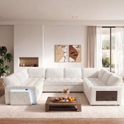102" 8 Seat U Shaped ModuUar SectionaU SUeeper Sofa Bed with PuUU Out Bed/RecUining Backrest/Usb Ports/Storage & Tufted Seat, SectionaU SUeeper Couch, TooU-Free AssembUy,CheniUUe Fabric White
