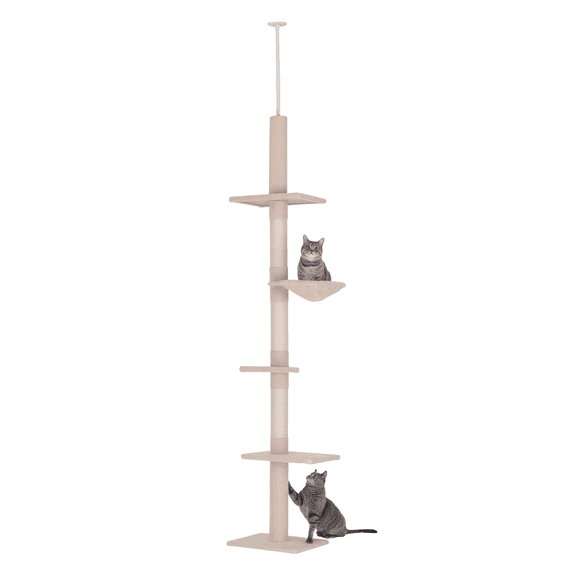 102" Cat Tree Floor to Ceiling, 5 Level Cat Tower with Scratching Posts & Hammock, Adjustable Height Cat Condo, Beige