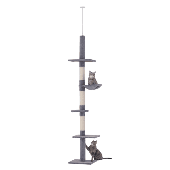 102" Cat Tree Tower, Adjustable Height Floor to Ceiling Cat Condo, 5 Level Cat Climbing Tree with Scratching Posts & Hammock, Gray