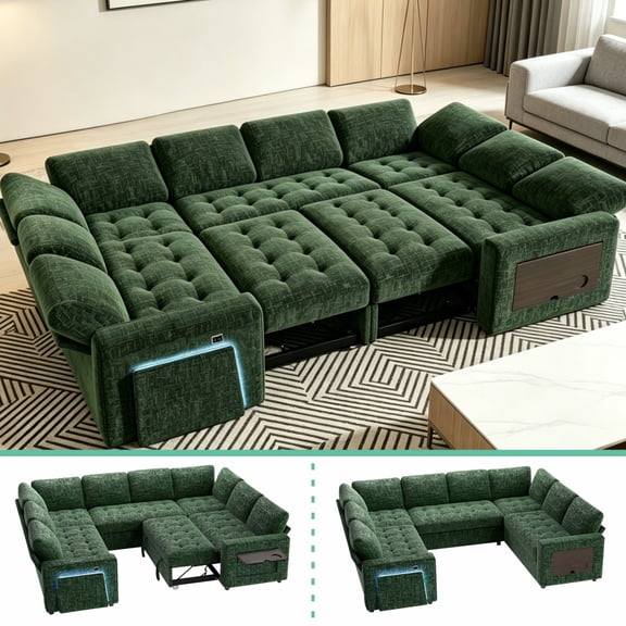 102" Chenille U-Shaped Sectional Sofa Bed with Hidden Storage, Modular Pull Out Couch with LED Light & Side Table, Green