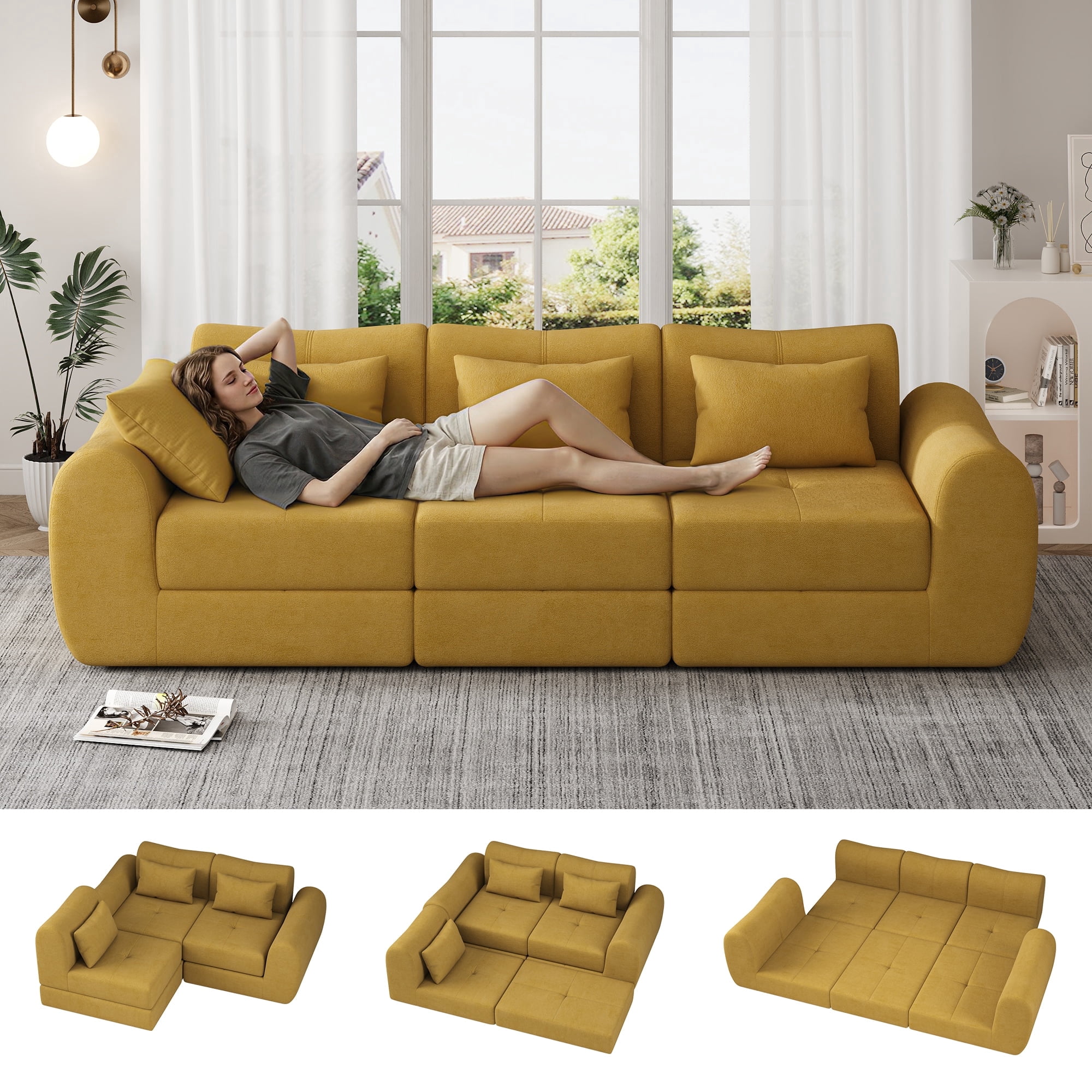 102" Cloud Sofa, 4-in-1 Folding Sofa Bed, Floor-Standing Boneless Couch, Futon Sofa Bed for Living Room, Modular Cloud Sectional Couch with Deep Seat for Living Room(Yellow)