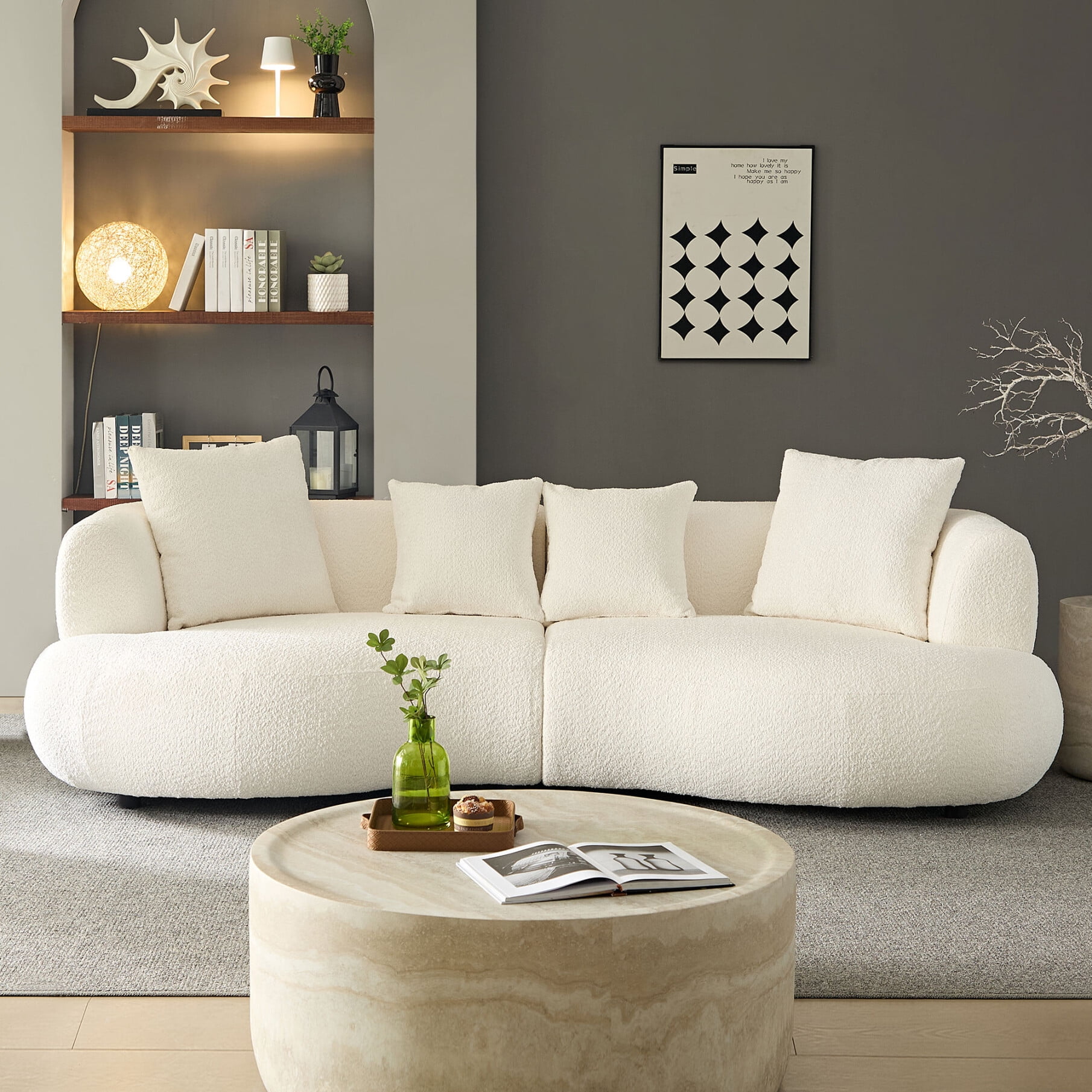 102" Curved Couch Modular Sectional Sofa, Minimalist Style Comfy Couch with 4 Pillows, Upholstered 4-Seat Sofa Boucle for Living Room, Bedroom, Apartment, White