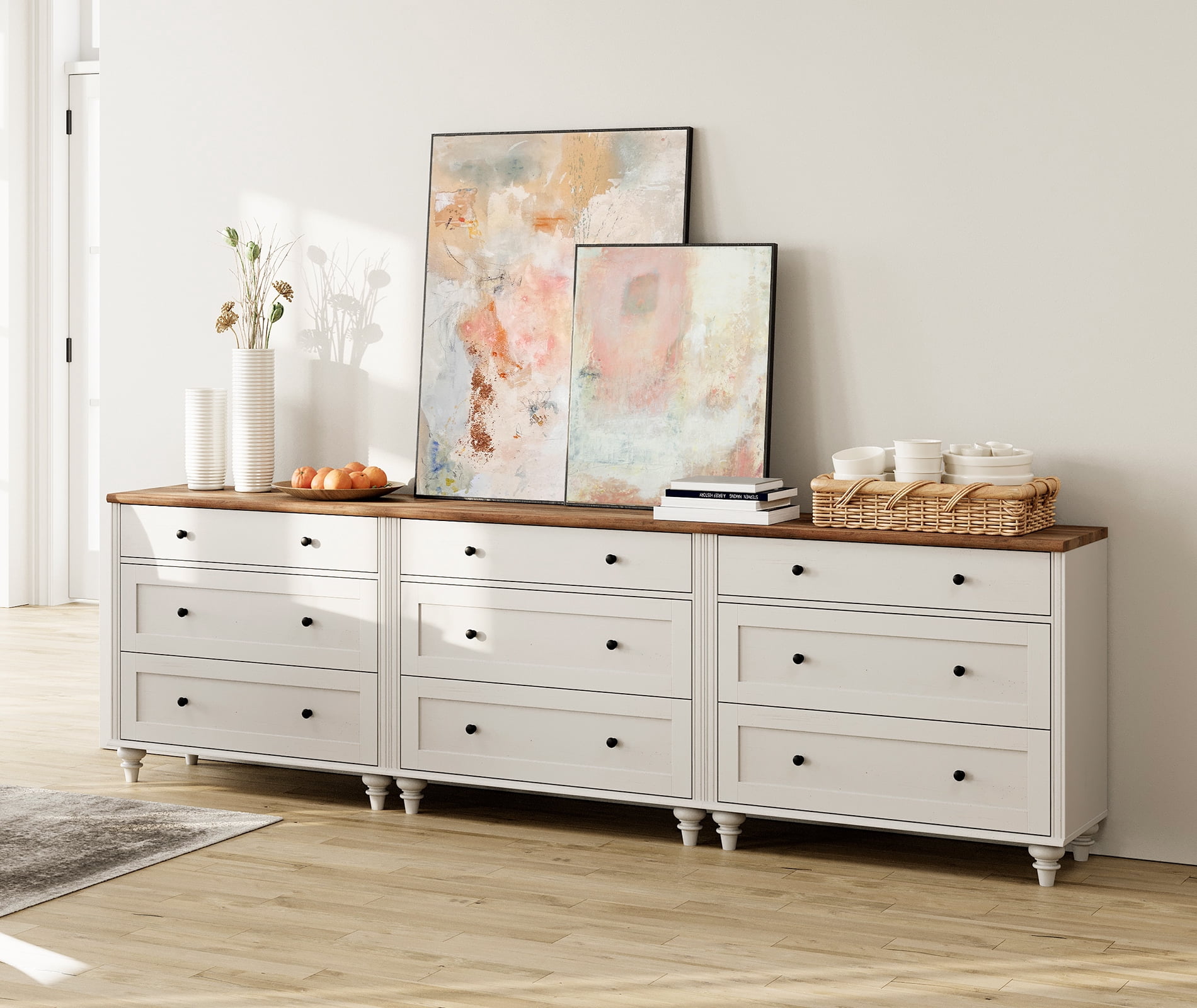 102" Dresser Cabinet with 9 Drawers, Mid-Century Modern Wooden Bedroom Closet Storage Organizer, Farmhouse Small Dressers Suitable for Living Room, Nursery, and Hallway, White