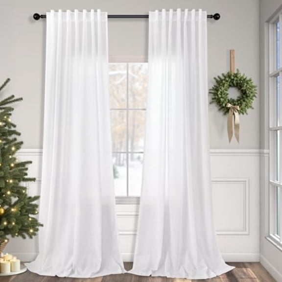 102 Inch Curtains White Linen Drapes for Bedroom 2 Panels Set Back Tab Loop Pocket Cotton Textured Lace Look Semi Sheer Light Filter Curtains for Living Room Bay Window Vintage Farmhouse Decor 52x102