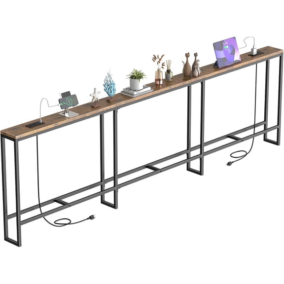 102 Inch Extra-Long Narrow Console Table with Station (2 Outlets + USB-C), Sofa Table,Behind Couch Table with 3-Tier Storage Shelves for Entryway & Small Spaces (Rustic Brown)