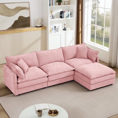 102 Inch L-Shaped Modular Sectional Sofa, 3-Seater Chenille Cloud Couch Set with Movable Ottoman, DIY Combination Corner Sofa for Living Room, Pink