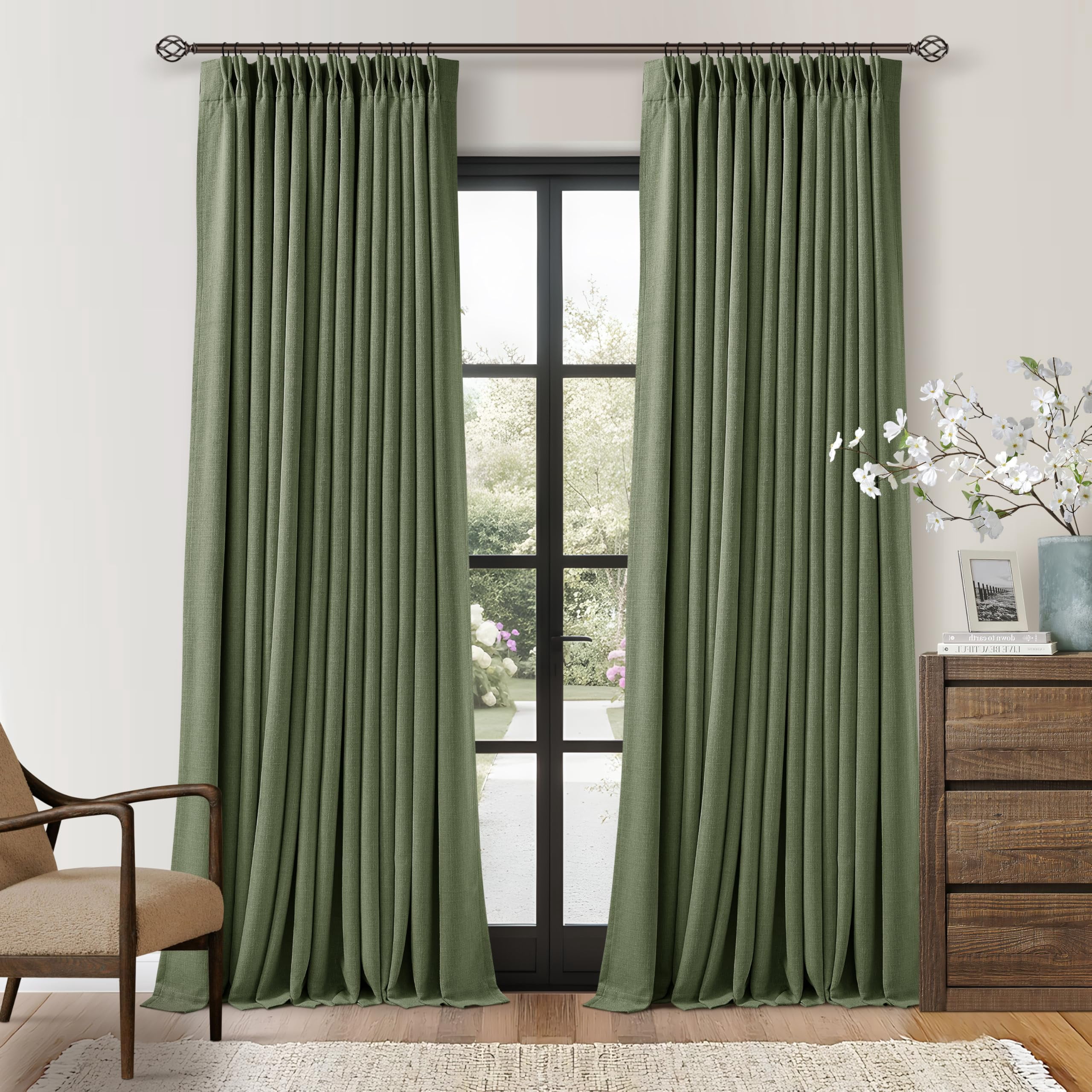 102 Inch Linen Pleated Black Out Curta2 Panels Set For Bedroom Living ...
