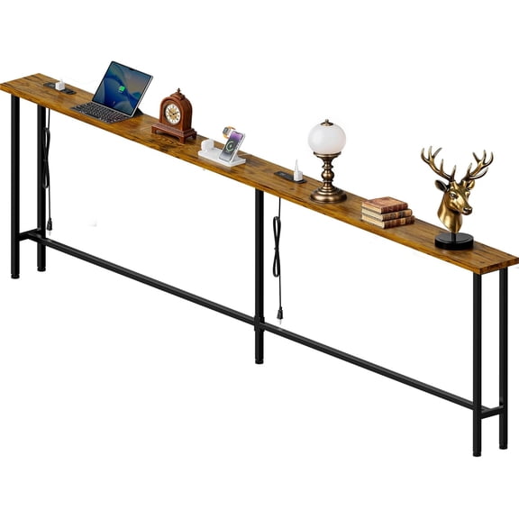 102 Inch Narrow Sofa Table with Power Outlets, Extra Long Console Table Behind Couch Table with Charging Station, Skinny Entryway Table Thin Table for Living Room, Narrow Spaces (Rustic Brown)