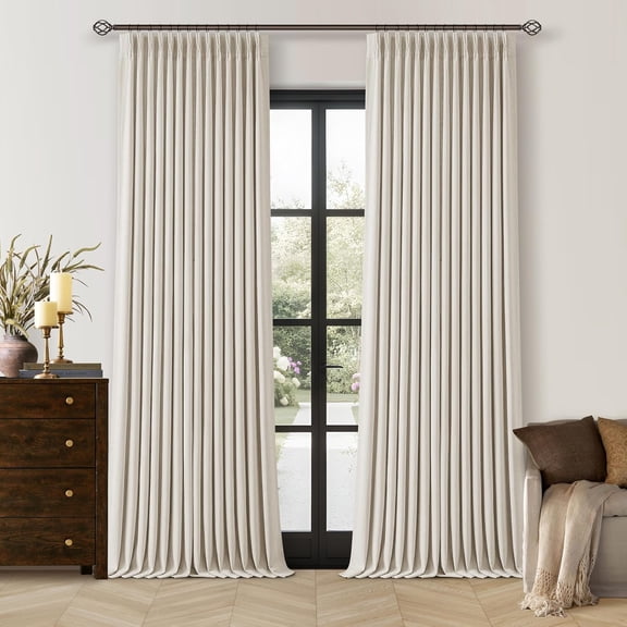 102 Inch Pinch Pleated Blackout Curtains for Bedroom 2 Panels Thick Linen Textured Memory Trained 100% Black Out Room Darkening Natural Cream Ivory Window Curtains Double Layer Pinch Pleat Drapes