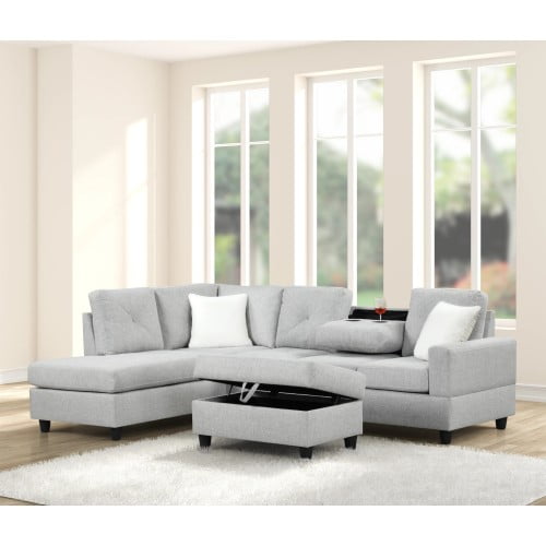 102-Inch Reversible L-Shaped Sectional Sofa with Drop-Down Table and Cup Holders, Gray Linen Tufted 5-Seater Couch, Deep Seat Modern Living Room Furniture