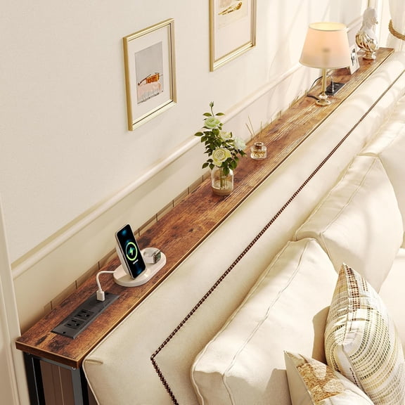 102 Inch Sofa Table with 2 Power Outlets and USB-C Ports, 5.9 Inch Narrow Console Table with Storage, Extra-Long, for Entryway Hallway Couch Behind Sofa, Small Spaces, Rustic Brown