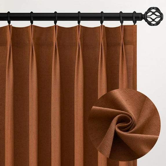 102 Inches Long Rust Colored Pinch Pleated Sheer Curtains with Hooks,Back Tab Semi Transparentes Light Filtering Linen Cotton Blend Ocher Tone Rustic Cabin Style Drapes Curtains,40" Wx102 L