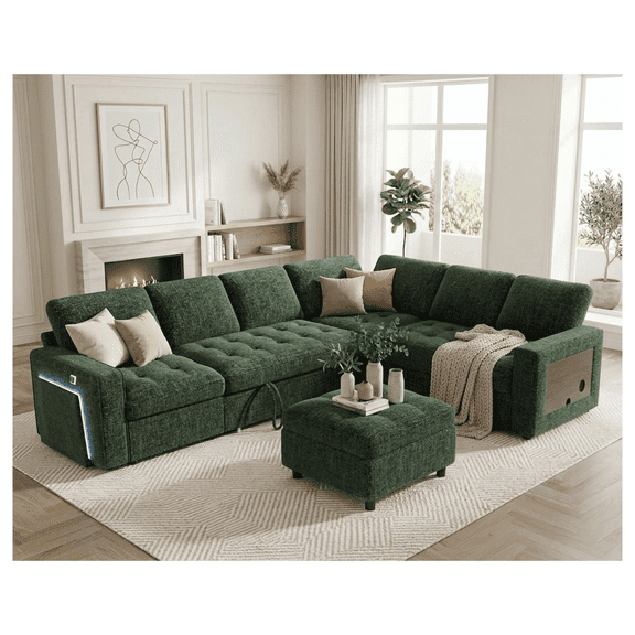 102" L-Shaped Chenille Modular Sectional Sleeper Sofa with Pullout Bed, Reclining Backrest, USB, LED Light, Ottoman, Tool-Free Assembly, Green