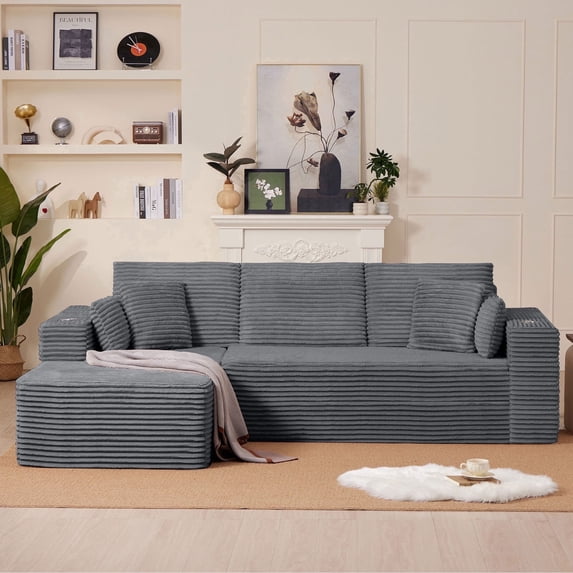 102" L-Shaped Modular Sectional Sofa with Chaise and 4 Throw Pillows, 3 Seater Comfy Corduroy Fluffy Couch,Boneless Couch with Deep Seat and 2 Cup Holders for Living Room,Apartment,Office,No Assembly
