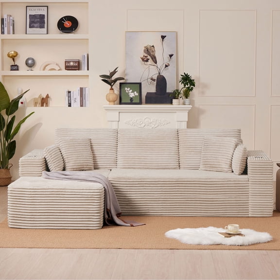 102" L-Shaped Modular Sectional Sofa with Chaise and 4 Throw Pillows, 3 Seater Comfy Corduroy Fluffy Couch,Boneless Couch with Deep Seat and 2 Cup Holders for Living Room,Apartment,Office,No Assembly