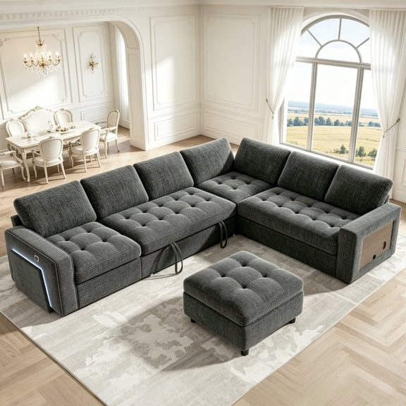 102" L-Shaped Sectional Sleeper Sofa Bed, 7-Seat Convertible Couch with Pull-Out Bed, Reclining Backrest, USB Ports & LED, Ottoman & Storage Seat for Living Room Apartment Office Chenille Gray
