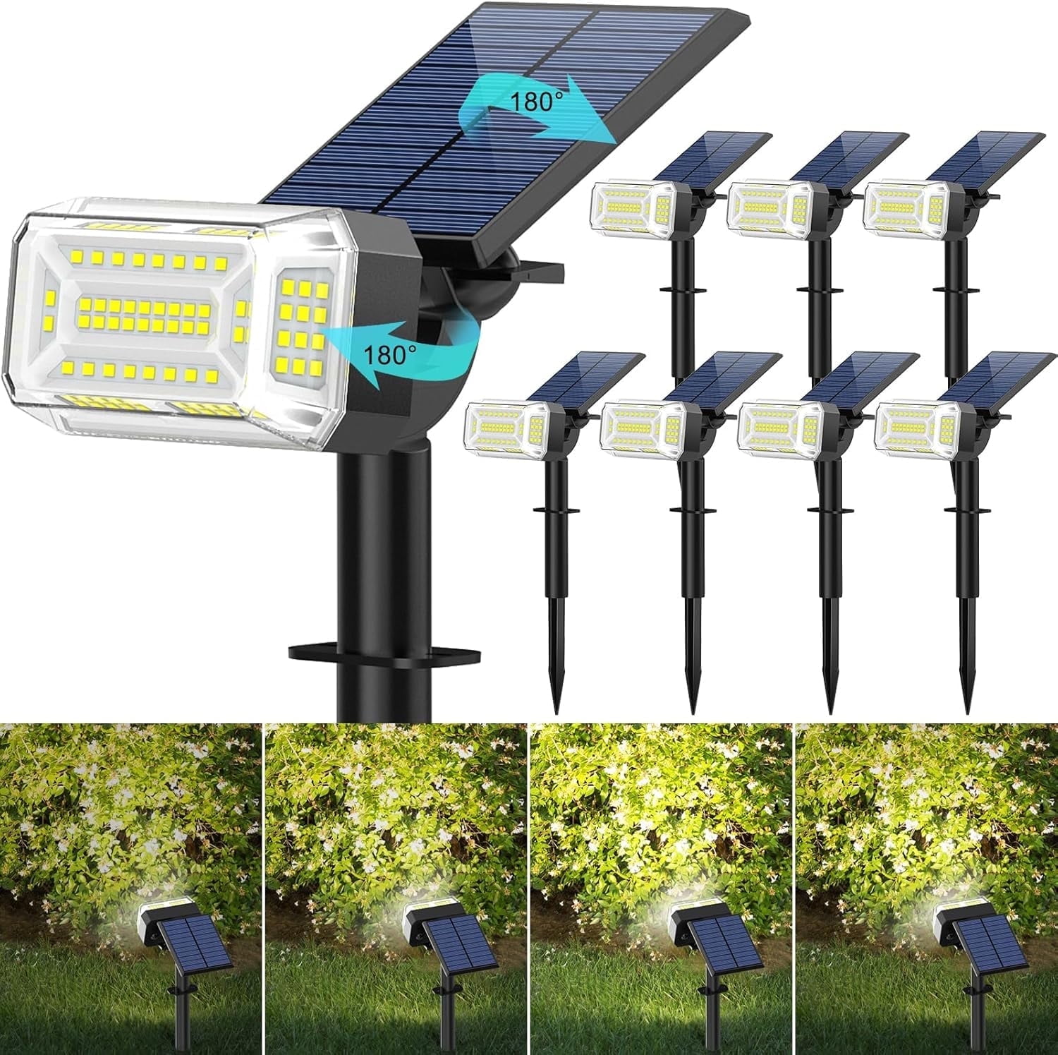 Solar Lights Outdoor, 8 pack, 102 LEDs, 4 Modes, IP65 Waterproof, Adjustable Solar Spotlight & Panel, Flood Lights for Yard, Garden - Cool White