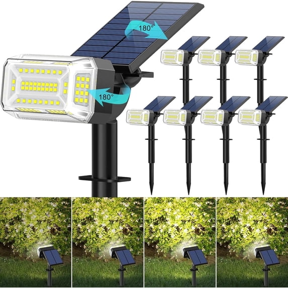 Solar Lights Outdoor, 8 pack, 102 LEDs, 4 Modes, IP65 Waterproof, Adjustable Solar Spotlight & Panel, Flood Lights for Yard, Garden - Cool White