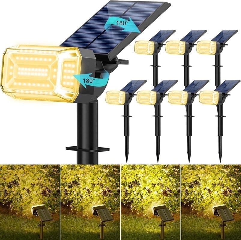Solar Lights Outdoor, 8 pack, 102 LEDs, 4 Modes, IP65 Waterproof, Adjustable Solar Spotlight & Panel, Flood Lights for Yard, Garden - Warm White