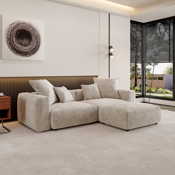102" Loveseat Sofa with Ottoman, Modern Corduroy Fabric Sectional Sofa Cloud Couch, L Shaped Couch for Living Room, Apartment, Office and Small Space, 2-Seat, Beige Couch