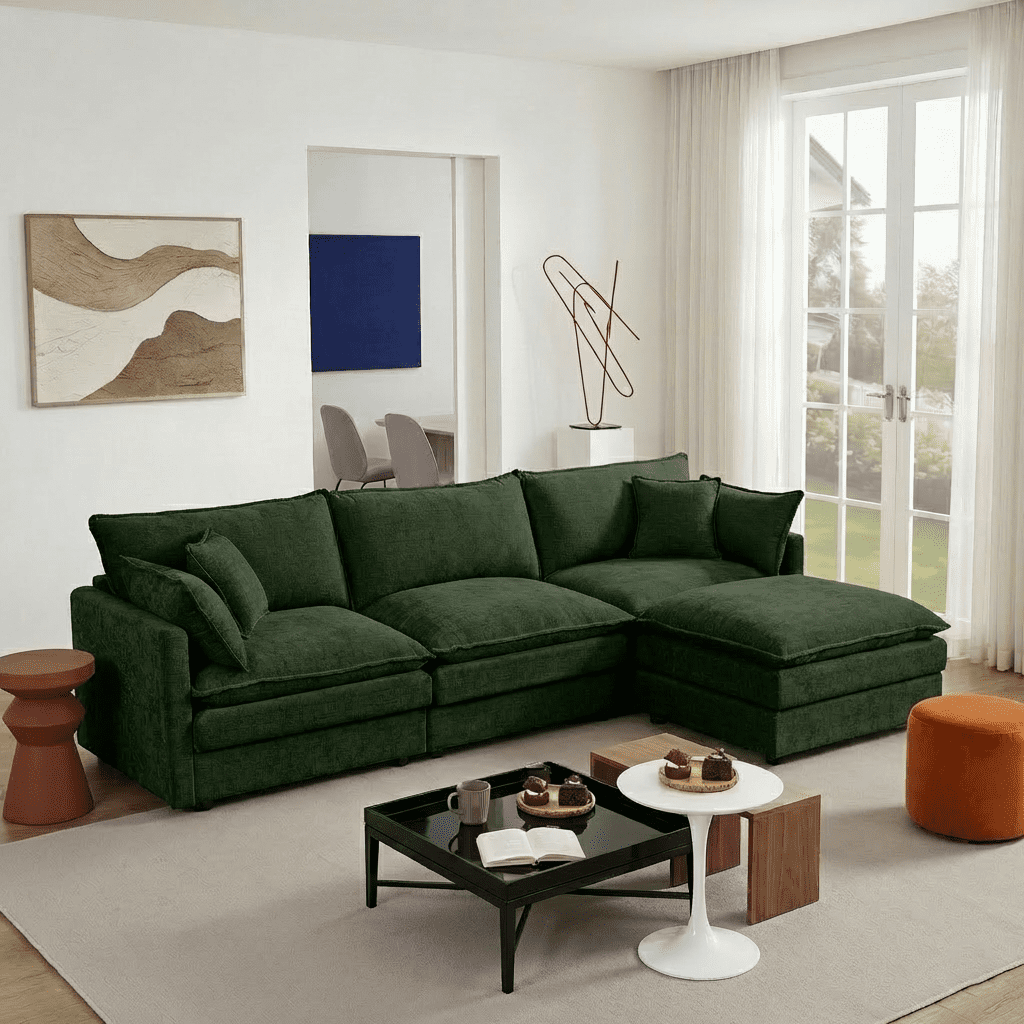 102" Modern Cloud-Like L-Shaped Modular Sectional Sofa, Chenille 3-Seater Couch with Reversible Ottoman for Living Room