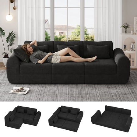 102" Modular Sectional Sofa with Chaise, 4-in-1 Modern Boneless Couch, 3 Seater Sofa with Extra Deep Seats, Folding Convertible Sofa Bed,Suitable for Living Room,Bedroom and Recreation Room (Black)