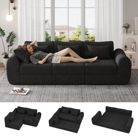 102" Modular Sectional Sofa with Chaise, 4-in-1 Modern Boneless Couch, 3 Seater Sofa with Extra Deep Seats, Folding Convertible Sofa Bed,Suitable for Living Room,Bedroom and Recreation Room (Black)