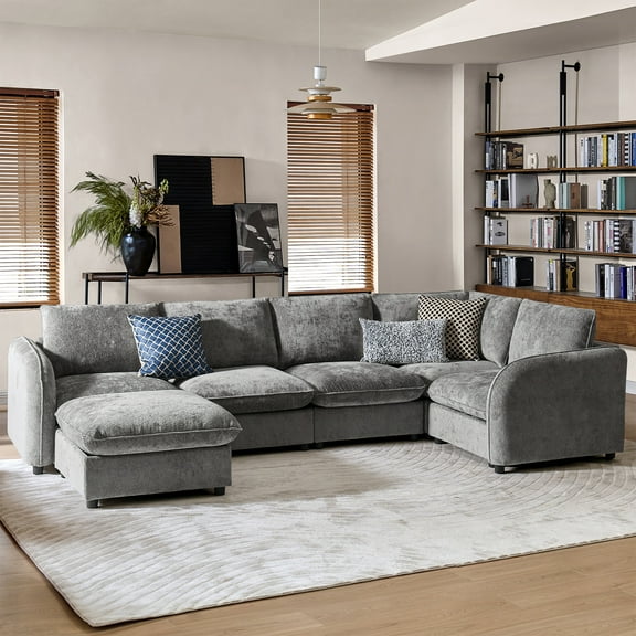 102" Modular Sectional Sofa 6-Seater Fabric Wide-Seat Couch with Storage and Curved Armrest for Living Room Gray