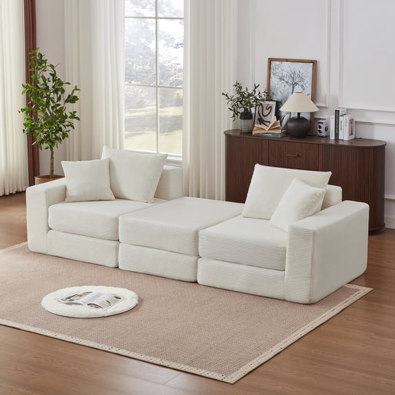102" Modular Sectional Sofa,Cloud Boneless Couch with Non Slip Base,Modern Loveseat Sofa Upholstered Sleeper Sofa Couch for Living Room,Bedroom,No Assembly Required,White