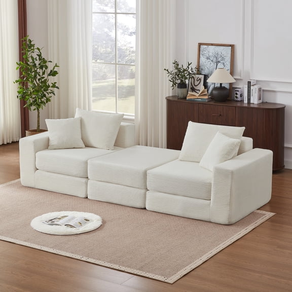 102" Modular Sectional Sofa,Cloud Boneless Couch with Non Slip Base,Modern Loveseat Sofa Upholstered Sleeper Sofa Couch for Living Room,Bedroom,No Assembly Required,White