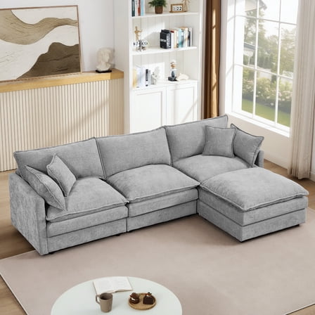 102" Modular Sectional Sofa with Movable Ottoman, L-Shaped Couch with 2-Layer Seat Cushions, 3-Seater Comfy Cloud Couch for Living Room, Grey
