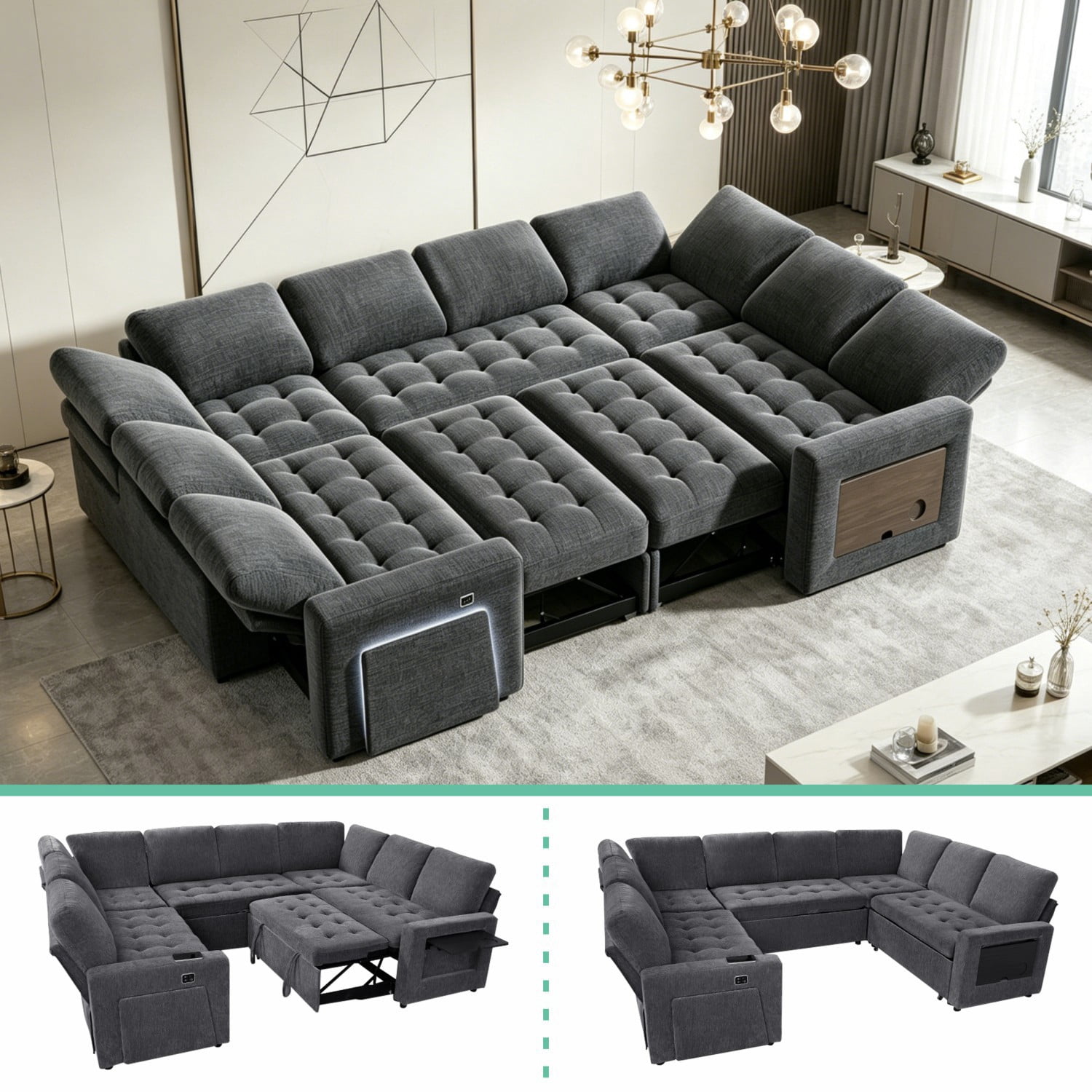 102" Modular Sleeper Sectional Sofa with Pull Out Bed, U-Shaped Living ...