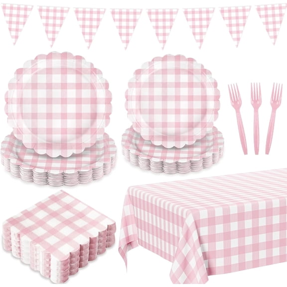 102 PCS Camp Themed Party Kit, Gingham Plates Napkins Cups Tablecloths for Baby Shower Wedding Birthday, Serves 25 Guests