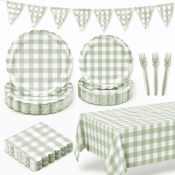 102 PCS Sage Green Gingham Party Supplies - Scalloped Plates, Napkins, Cups, Forks, Banner, Gingham Tablecloth for Baby Shower, Wedding, Birthday, Serves 25