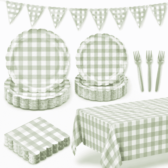 102 PCS Sage Green Gingham Party Supplies - Scalloped Plates, Napkins, Cups, Forks, Banner, Gingham Tablecloth for Baby Shower, Wedding, Birthday, Serves 25