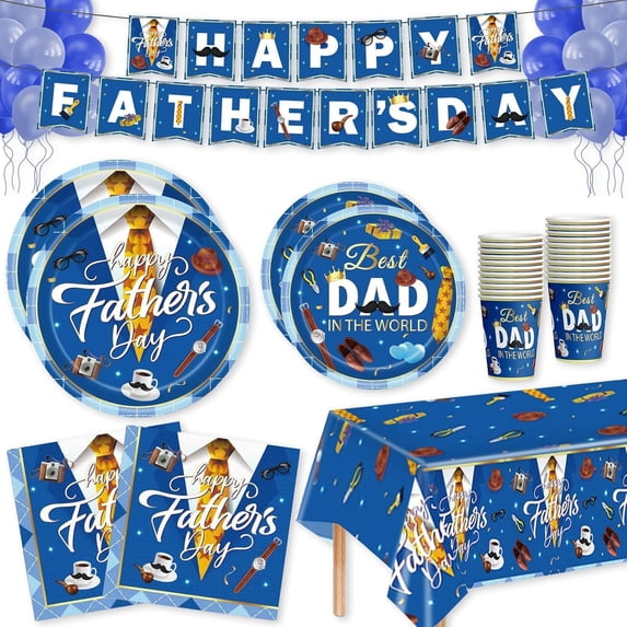 102 Pcs Happy Fathers Day Decorations, Father's Party Tableware, Disposable Plates, Cups, Napkins, Tablecloth, Banner, Balloons, Supplies for 20 People