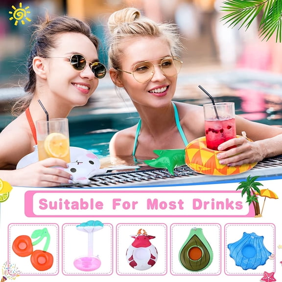 102 Pcs Inflatable Drink Holders with Air Pump - Fun Pool Floating Cup Coasters for Swimming Party Supplies, PVC Water Floaties for Cans and Bottles, Assorted Fruit & Animal Designs